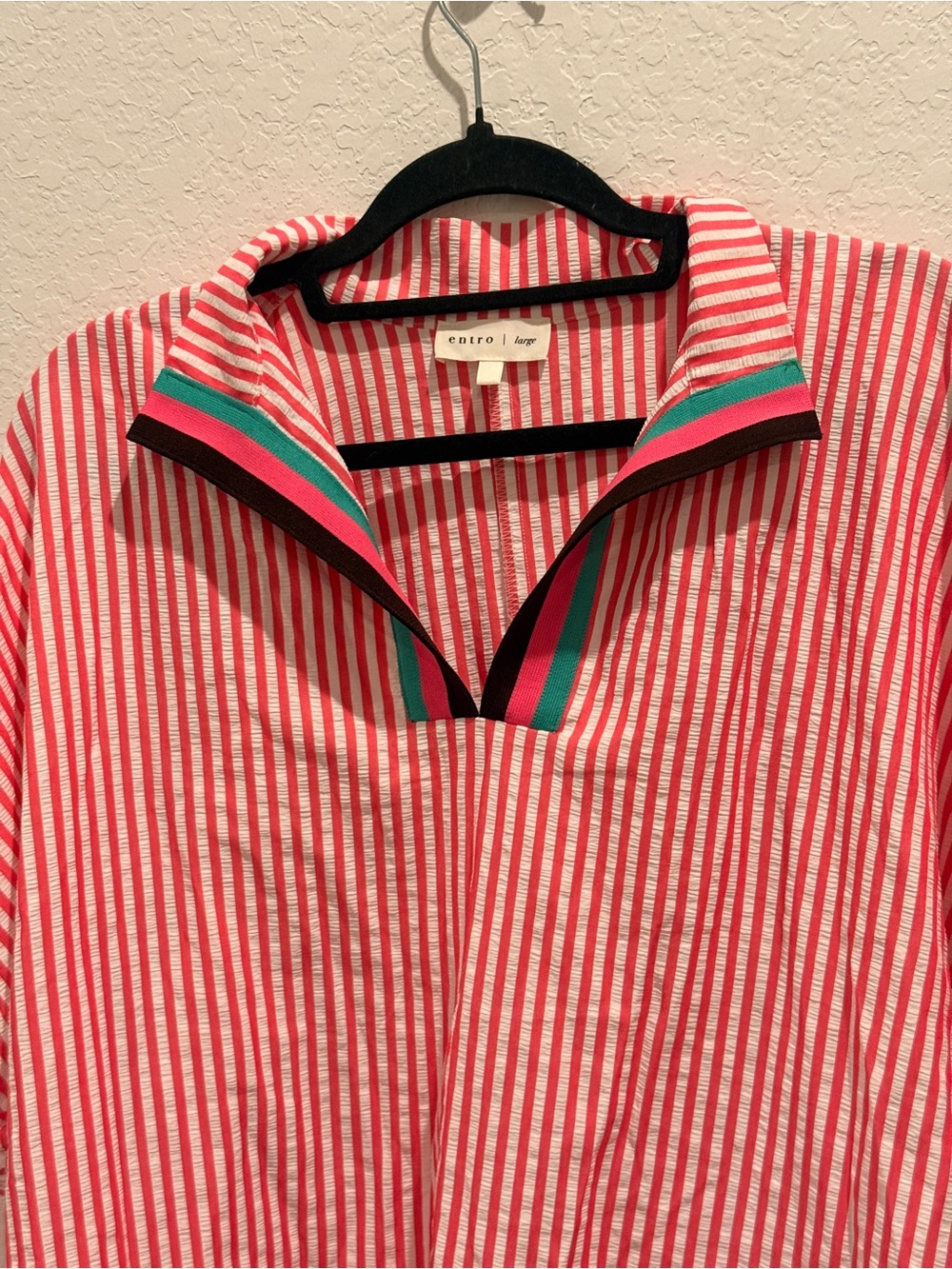 entro Pink and White Striped Popover with Green Trim Collar - Picture 3 of 9